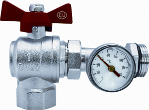 Комплект угловых коллекторных шаровых кранов 1" Kromwell с термометрами