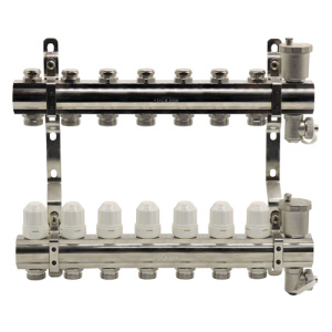 Блок коллекторный с термостатическими вставками, запорными клапанами, воздухоотводчиками и дренажем EUROS 1"x3/4"x7