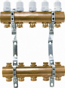 Блок коллекторный 1 1/4" на 7 отв. 3/4" с термостатическими вставками и запорными клапанами Euros