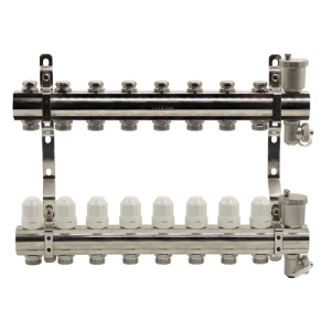 Блок коллекторный с термостатическими вставками, запорными клапанами, воздухоотводчиками и дренажем EUROS 1"x3/4"x8