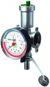 Узел фланцевый 1", с автоматическим воздухоотводчиком, термоманометром и сливным краном, хромированный FAR