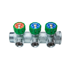 Коллектор регулирующий 1", ВР-НР, 3 отвода 3/4", НР, межосевое 45 мм FAR