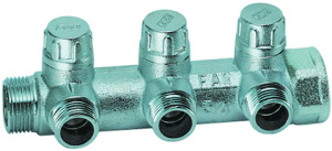 Коллектор запорный 1", ВР-НР, 3 отвода 3/4", НР, межосев. 45 мм, плоск.присоед. FAR