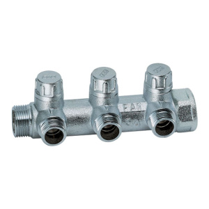 Коллектор запорно-балансировочный 3/4" на 3 отвода 1/2"EU c вставкой под уплотнение FAR