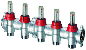 Коллектор запорный 1", с расходомерами, 2 отвода 3/4"EU FAR