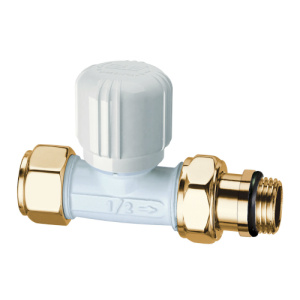 Вентиль термостатический прямой для металл. и пласт. труб 1/2" гайка М24х19 (бел/золот.)