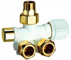 Узел нижн. подкл. левост. универс. с терм. и зап. вент 1/2" гайка М24х19 (бел/золот.)