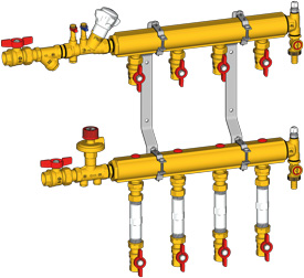 Узел коллекторный для отопления, этажный, компактный, со встроенными запорно-регулирующими клапанами, 1" x 1/2", 3 отвода Giacomini