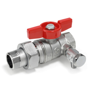 Кран шаровой с отводом и сливом, 3/4", сливной кран 1/4", ручка-бабочка красная, ВР-НР, хромированный