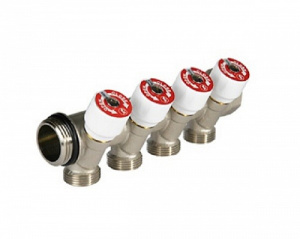 Коллектор сантехнический с вентилями, никелированный, 1"х3/4"E, 3 отвода