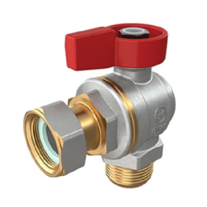 Кран шаровой угловой полнопроходной для котлов и счетчиков, НР 3/4"M x 3/4"гайка, ручка-флажок