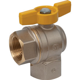 Кран шаровой угловой полнопроходной с желтой рукояткой, с внутренней резьбой, никелированный, 1"