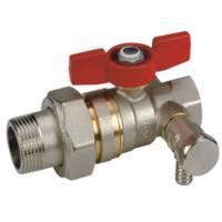 Кран шаровой с шаром DADO, полнопроходной с отводом и сливом, 3/4"F x 3/4"M, ручка-бабочка, красная, ВР-НР, никелированный