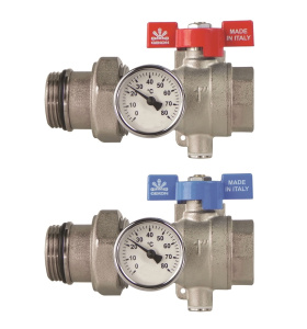 Комплект шаровых кранов 1" для коллекторов: с "американкой", термометром и соединением (2 шт)