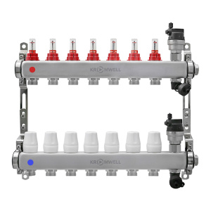 Блок коллекторный из нерж. стали с расходомерами и термостатическими клапанами 1"x3/4"EU x7, в комплекте автомат.возд., сливн.кран Kromwell