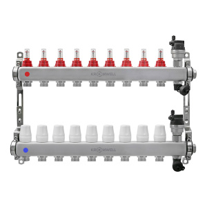Блок коллекторный из нерж. стали с расходомерами и термостатическими клапанами 1"x3/4"EU x9, в комплекте автомат.возд., сливн.кран Kromwell