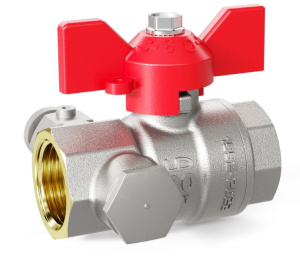 Кран шаровой латунный LD Pride 44.15.В-В.С.Б с дренажем и воздухоотводчиком, трехходовой, Ду 15, Ру 40, бабочка (red)