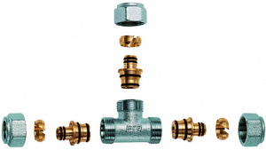 Тройник 1" с 3 концовками для м/п труб 26х3