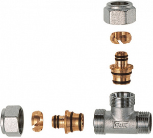 Тройник 1/2", НР, с 2 концовками для м/п труб 20х2 FAR
